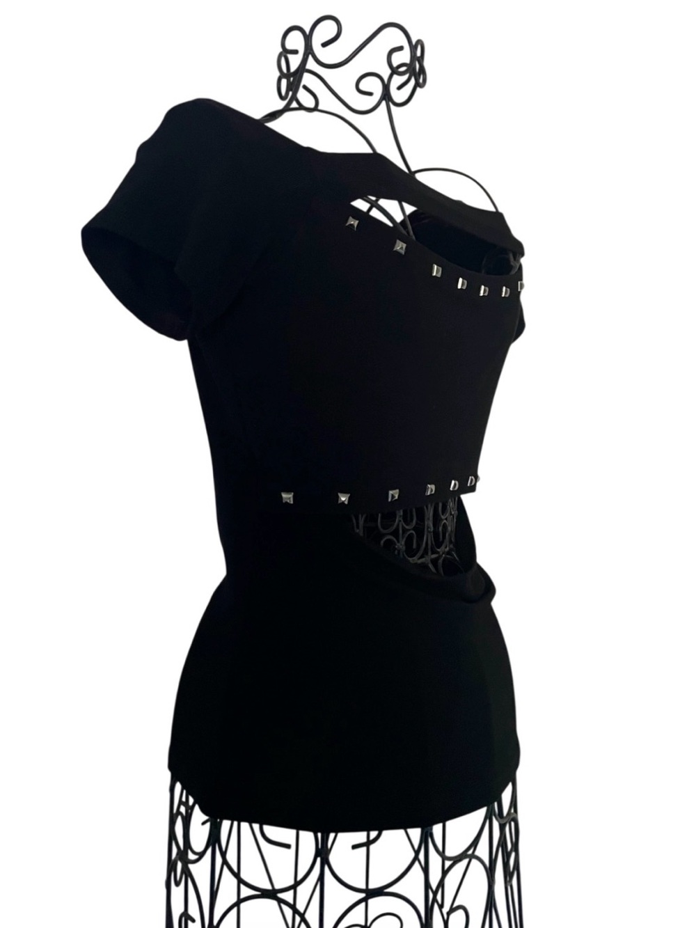 Handcrafted Black Stud-Trim Cut Out 2000s Women's Top - Picture 11 of 14